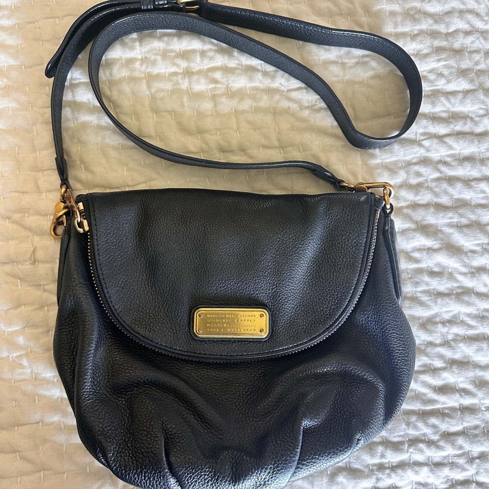 Marc Jacobs Black Leather Crossbody Bag with Gold Accents
